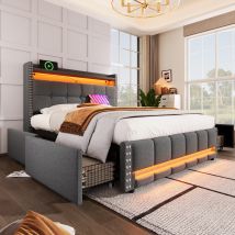 Gutent - Letto Imbottito 160x200 Cm, Con Illuminazione Led E Presa Usb, Ripiano E Cassetto Con 4 Cassetti, Grigio