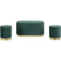 Set Panca Contenitore Con 2 Pouf In Velluto Verde Oro Camera Salotto