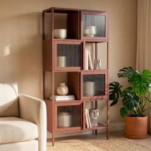 Metallregal H.170 Cm 4 Türen 4 Fächer Terrakotta Und Geriffeltes Glas Kiara