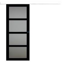 Puerta Corredera Telia Negra Con Vidrio H204 X L73 Cm, Riel De Aluminio Con Banda Blanca, Conchas Negras Para Gd Menuiseries