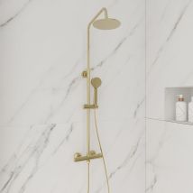 Fnx Bathrooms - Round Brushed Brass Thermostatic Shower Kit With Fixed Head And Handset