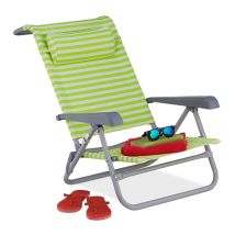 Relaxdays - Liegestuhl Klappbar, 8-stufig Verstellbar, Strandstuhl Mit Nackenkissen, Armlehnen & Flaschenöffner, Grün/weiß
