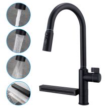 Ubeegol - Küchenarmatur Schwarz – Wasserfall-küchenhahn Mit 360° Drehung, Herausziehbare 3-strahl-dusche, Temperaturregler, Messingkörper
