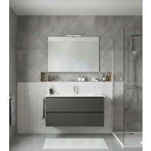 Conjunto Mueble De Baño Loki Ya Montado 2 Cajones Con Patas, Lavabo Y Espejo Grafito 100x40 Cm