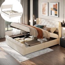 Lit Coffre 160x200 Cm, Avec 2 Lampes De Lecture, Espace De Rangement, Recharge Usb, Style Classique, Sommier À Lattes, Structure En Métal, Lit Double 