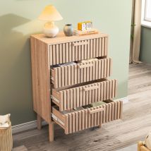 Cómoda 4 Cajones, 60x34x91 Cm, Con Tiradores De Madera, Diseño De Ventilación, Estilo Escandinavo, Para Dormitorios Y Salones, Color Madera Natural