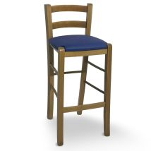 Taburete En Madera De Nogal Claro Con Respaldo H 66 Cm Con Asiento En Cuero Azul