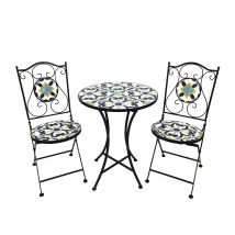 Mosaik Set 3-teilig – 2 Stühle und 1 Tisch – Klappbar – Gartenmöbel – Mediterranes Ambiente – Eisen – 60 x 70 cm