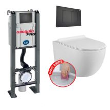 Komplettpaket Wc Ohne Flansch Freistehendes Gestell + Weißes Becken Ohne Flansch + Mattschwarze Soft-touch-platte