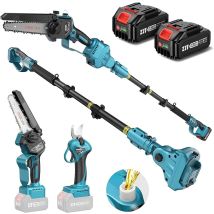 Seesii P6 Combo 6 Zoll Mini Kettensäge Mit Teleskopstange & 33 Mm Elektro Gartenschere, 4-in-1 Gartenwerkzeug Set Mit 2 X 4000mah Batterien, Maximale 
