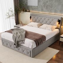 Gutent - 160x200 Letto Imbottito Con Illuminazione Supplementare E Porta Usb, Letto Contenitore, Matrimoniale, Lino, Grigio
