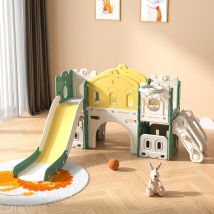 Tobogán Infantil 6 En 1 De Hdpe Con Pequeño Castillo - Zona De Escalada, Pasillo, Espacio De Almacenaje, Zona De Juego Con Orificios Y Canasta De 