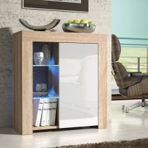 Olivia Furniture - Serene Sideboard - Oak With White Gloss Doors & Led - 83cm