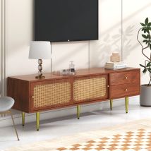 Meuble Tv 160 X 40 X 60 Cm Noyer Avec 2 Portes Coulissantes En Rotin Et 2 Tiroirs. 4 Compartiments De Rangement Pour Salon Et Espace