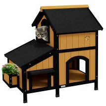 Caseta De Madera Para Gatos Con Maceta, Ventanas, Múltiples Entradas Y Techo Impermeable Para Uso Exterior - Amarilla