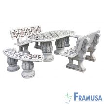 Conjunto Comedor Piedra Ovalado Jardin Fresno Deico Con Azulejos Ocre
