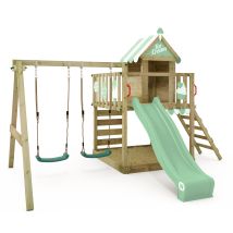 Wickey Wooden Climbing Frame Smart Candy With Swing Set And Purple Slide, Playhouse On Stilts For Kids With Sandpit, Climbing Ladder & Play-