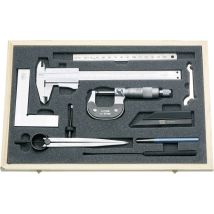 Horex Messwerkzeug-Set 8-teilig – Taschenmessschieber 150 mm, Bügelmessschraube 0-25 mm, Flachwinkel, Zirkel, Reißnadel, Stahlmaßstab, Holzetui