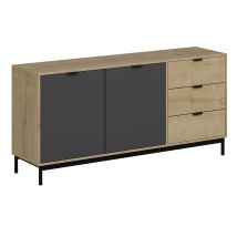Aparador 2 Puertas y 3 Cajones Moderno Beige – Melamina Roble y Negro – Mueble de Almacenamiento