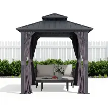 Purple Leaf 2.4 X 2.4 M Pergola Économique De Jardin En Aluminium À Toit Rigide, Tonnelle Avec Moustiquaire Et Rideaux, Pavillon Double Toit, Gris