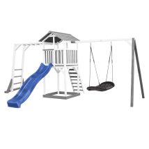Beach Tower Aire De Jeux Blanc Avec Toboggan En Bleu, Cadre D'Escalade, Balançoire Nid D'Oiseau & Bac À Sable Noir Grande Maison Enfant Extérieur En 