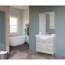 Mobile bagno Venere 105 cm in rovere grigio – 3 ante e 1 cassetto – Lavello ceramica e specchio con illuminazione LED