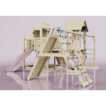 Gustav Spielturm aus Holz – Trapezschaukel – Altrosa – Maximalgewicht 50 kg – Für Kinder ab 3 Jahren – Outdoor-Spielgerät