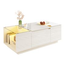 Table Basse Moderne Et Minimaliste, Avec Espace De Rangement, Éclairage D'Ambiance Led, Plateau En Verre Et 2 Tiroirs.