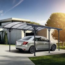 Cochera de aluminio gris 15 m² – Techo de policarbonato – Dimensiones 508 x 302 x 200 cm – Resistencia a la nieve 90 kg/m²