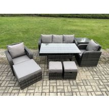 8 Pcs Rattan Outdoor Garden Furniture Set Rectangular Dining Table And Chair Sofa Set With Side Table 3 Footstools Dark Grey Mixed - Fimous