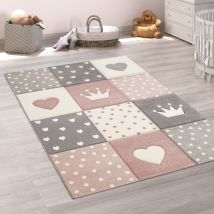 Paco Home Tappeto Per Bambini Colori Pastello Quadri Punti Cuori Stelle Bianco Grigio Rosa Ø 160 Cm Tondo