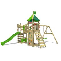 Fatmoose Wooden Climbing Frame Riverrun With Swing Set And Slide, Knight's Playhouse With Sandpit, Climbing Ladder & Play-accessories - Apple Green