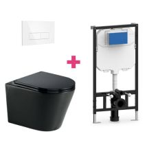 Hänge-wc Turin Komplett-set Schwarz Mit Rechteckiger Weißer Drückerplatte