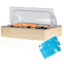 Piatto da portata refrigerato Mahlzeit 53x34x27 cm con cornice in legno e coperchio a rullo – Vassoio GN 1/1 per buffet e catering