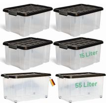 Coffret De Rangement Novaliv 6 Pièces Avec Couvercle, Anthracite, 2x55 L + 4x15 L, Emboîtables, Empilables, Fermeture À Clip, Boîtes À Roulettes