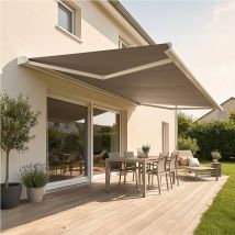 Store Banne Coffre Intégral Hevoa (motorisation À Télécommande + Manœuvre De Secours + Led - Blanc Ral 9010 - Taupe 250g/m² - 4.00 X 3.00 M)