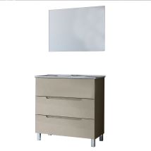 Kibath Mueble De Baño Con Lavabo, Espejo Y Aplique Led Victoria 100x45 Cm Acabado Moka Mate 3 Cajones Con Patas