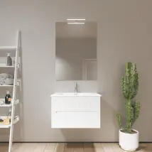 Mobile Da Bagno Sospeso 90cm Cannettato Bianco Opaco Con Lavabo Incluso In Ceramica E Specchio Mod. Kaindy