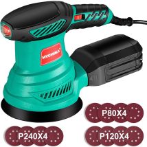 Hychika - Lijadora Orbital 300w 6 Velocidad Ajustable, 13000 Rpm, 12pcs Lijas 125mm (80, 120, 240 Granos), Lijadora Eléctrica, Con Caja De Recogida De