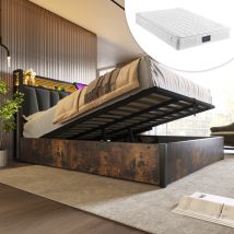 Cama Baúl, Cama De Adulto, Cama De Metal 160x200 Cm Con Cabecero Recargable Usb, Led Y Base De Listones, Gris, Colchón Incluido, Sin Fondo