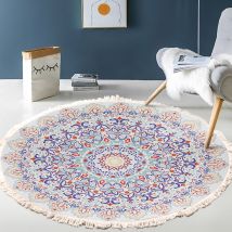 Tapis Salon Tapis Rond En Coton Tissé À La Main - Motif Mandala - Style Bohème Vintage - Avec Pompons - Lavable En Machine - Pour Chambre À Coucher, 