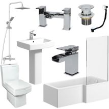Affine – L Shaped Bathroom Suite with Close Coupled Toilet, Full Pedestal Basin, Right Hand Shower Bath – 1700mm Length, 855mm Width