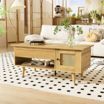Urban Meuble Table Basse Relevable Effet Bois 2 Portes En Rotin 103x50x60cm