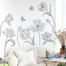 Lntyq Gartenblumen-wandtattoos, Schwarz-weiße Blumen-wandaufkleber, Wanddekoration Für Wohnzimmer, Schlafzimmer, Büro, Tv-raum, Sofa, Badezimmer, 