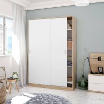 Guardarropa Waterbury, Armario Dormitorio Con 2 Puertas Correderas, Mueble Con 3 Baldas Y Barra Perchero, Cm 120x50h200, Roble Y Blanco