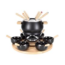Mila Fondue-Set 21-teilig – emaillierte Stahlpfanne 17cm, 1,6L, induktionstauglich – 6 Edelstahlgabeln, 6 Saucenschalen, Pastenbrenner