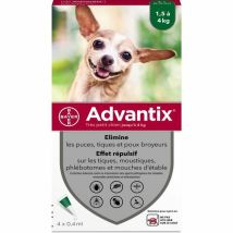 Advantix Chien Solution Antiparasitaire Puces Tiques Répulsif Mouches Moustiques Phlébotomes 1,5 A 4kg 4 Pipettes