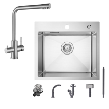 Cecipa Max - Fregadero De 1 Seno Fregadero De Acero Inoxidable De 50 × 45 Cm Cepillado + Grifo De Cocina Cepillado Grifo De Fregadero 3 En 1, Altura 
