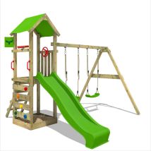 Fatmoose Wooden Climbing Frame Kiwikey With Swing Set And Apple Green Slide, Garden Playhouse With Sandpit, Climbing Ladder & Play-accessories
