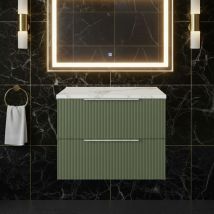 Hudson Reed - Fluted Wall Hung 2-drawer Vanity Unit With Carrera Marble Worktop 600mm Wide - Satin Green